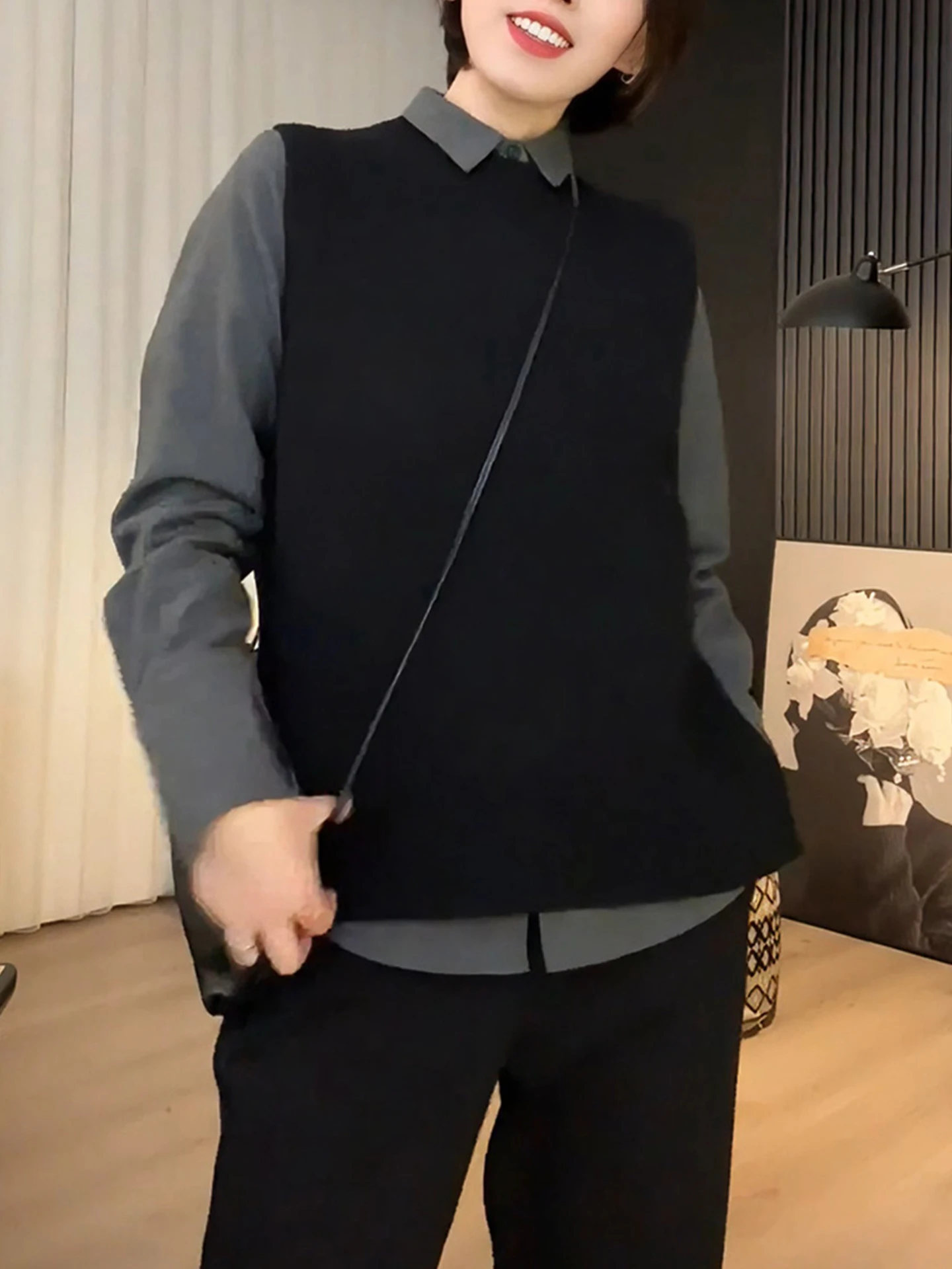 Wszechstronna dzianinowa kamizelka codzienna, okrągły dekolt, bez zakładania, jesienna moda, elegancki wygląd, damska bluzka do pracy.