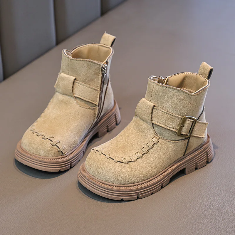 

Retro Girls' Princess Leather Boots Soft Sole Anti-slip Children's Ankle Short Boots Warm Lined Comfortable Kids Footwear