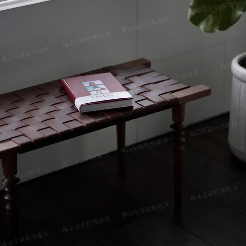A13 Solid Wood Saddle Leather Woven Stool Retro Home Bench Bedside Lamp Long Stool Door Door Shoe Change Bench