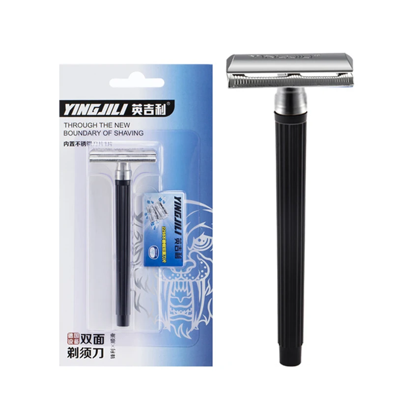 Afeitadora manual clásica para hombre - Maquinilla de afeitar de doble filo con mango tradicional de ABS y juego de cuchillas para un afeitado suave