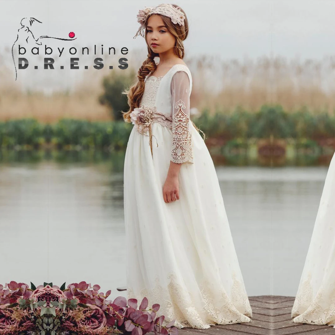 BABYONLINE Customized Communion Dress Cotton Gown with Flowers Belt Embroidered Floral Skirt Wedding Guest Minibridesmaid