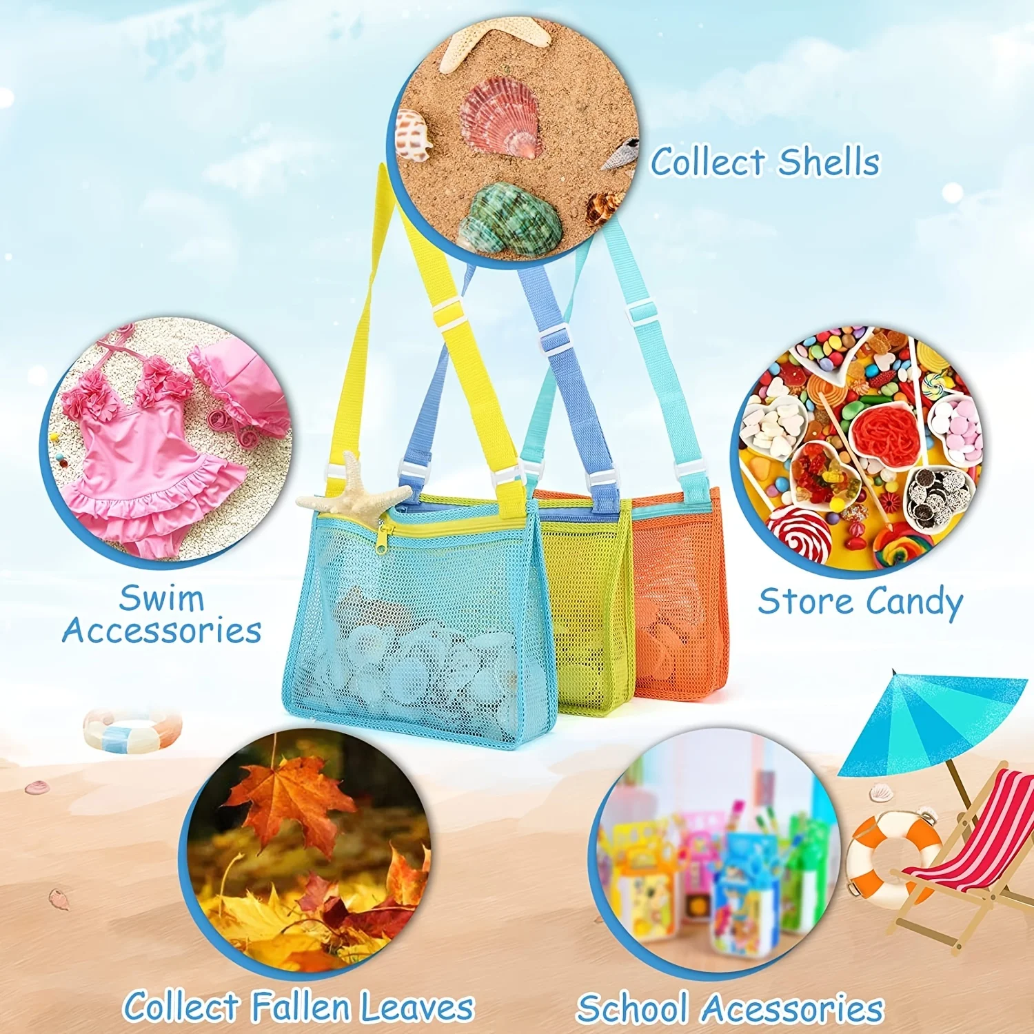 Kids Beach Mesh Bag Adjustable Strap Zipper Closure Shell Storage Bag for Beach Pool Use Sand Proof Quick Dry Lightweight