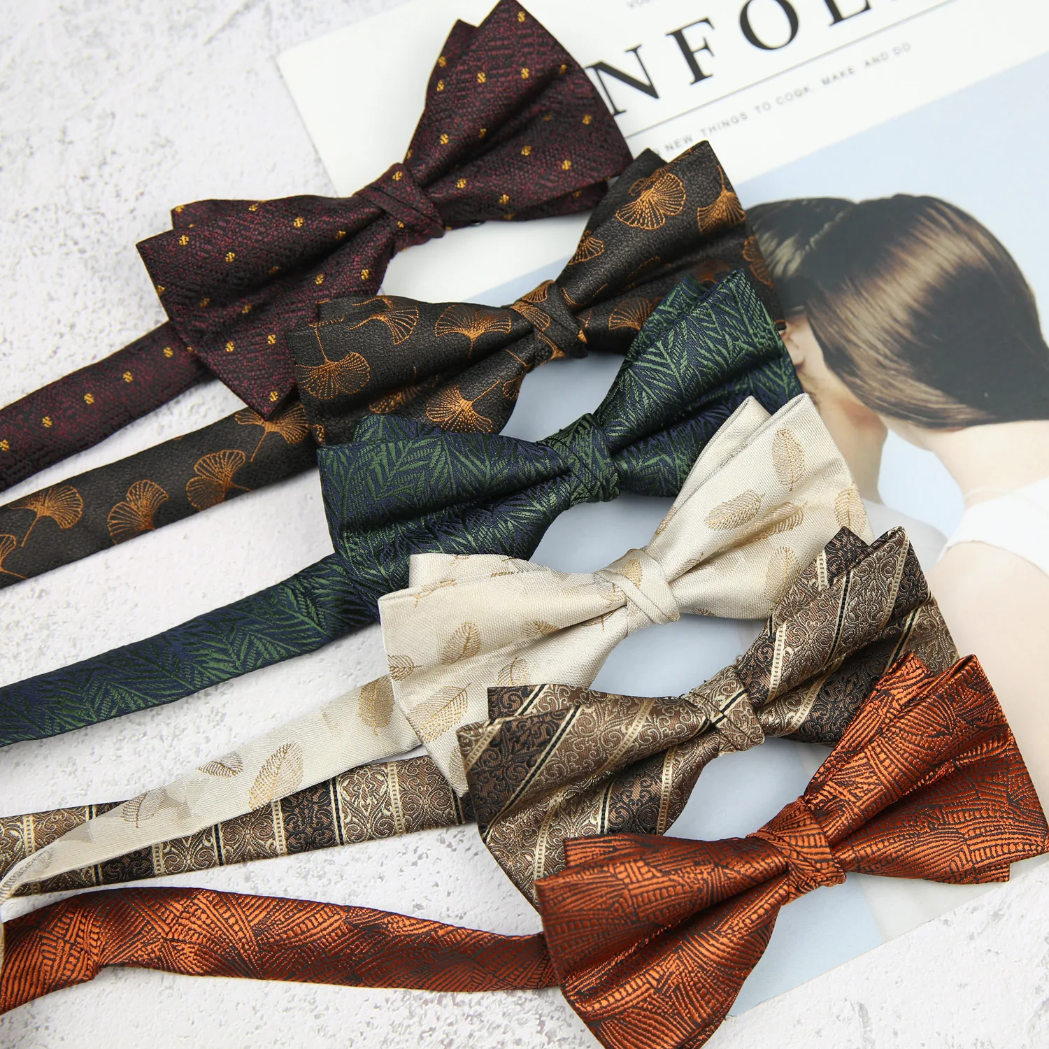 Flower Leaves Printed Bowtie Men's Business British Brown Green White Striped Bow Ties Groom Wedding Party Suit Accessories Gift