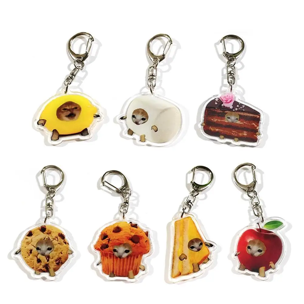 Funny Cat Keychain Portable Kawaii Acrylic Happy Small Car Key Chains Food Cat Head Mobile Phone Chain Bag Decor Accessories