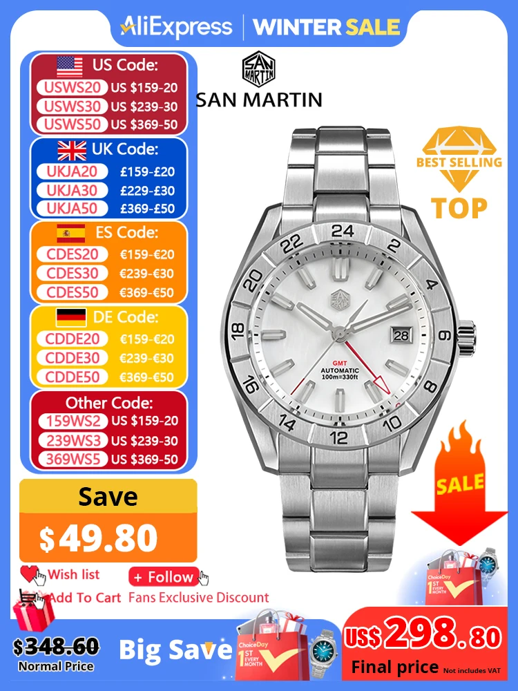 San Martin 42mm MOP Dial Men\'s Luxury Watches Business Dress Watch NH34 GMT Automatic Mechanical Sapphire Luminous 10Bar SN0130