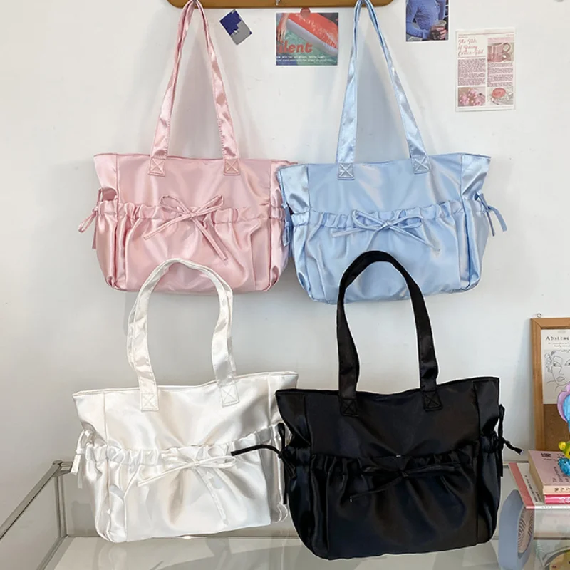 Preppy Style Pearly Lustre Satin Tote Bag Ruched Bow Large Capacity Underarm Bag Cute Women Wear Resistant Ballet Shoulder Bag