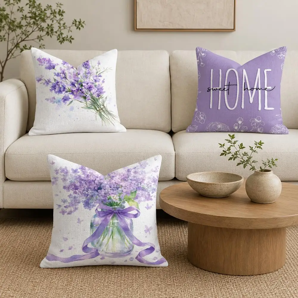 Purple Sweet Home Script Cushion Cover Natural Linen Organic Fabric Double-Sided Printing Sofa Home Decor Gift Pillow Cover