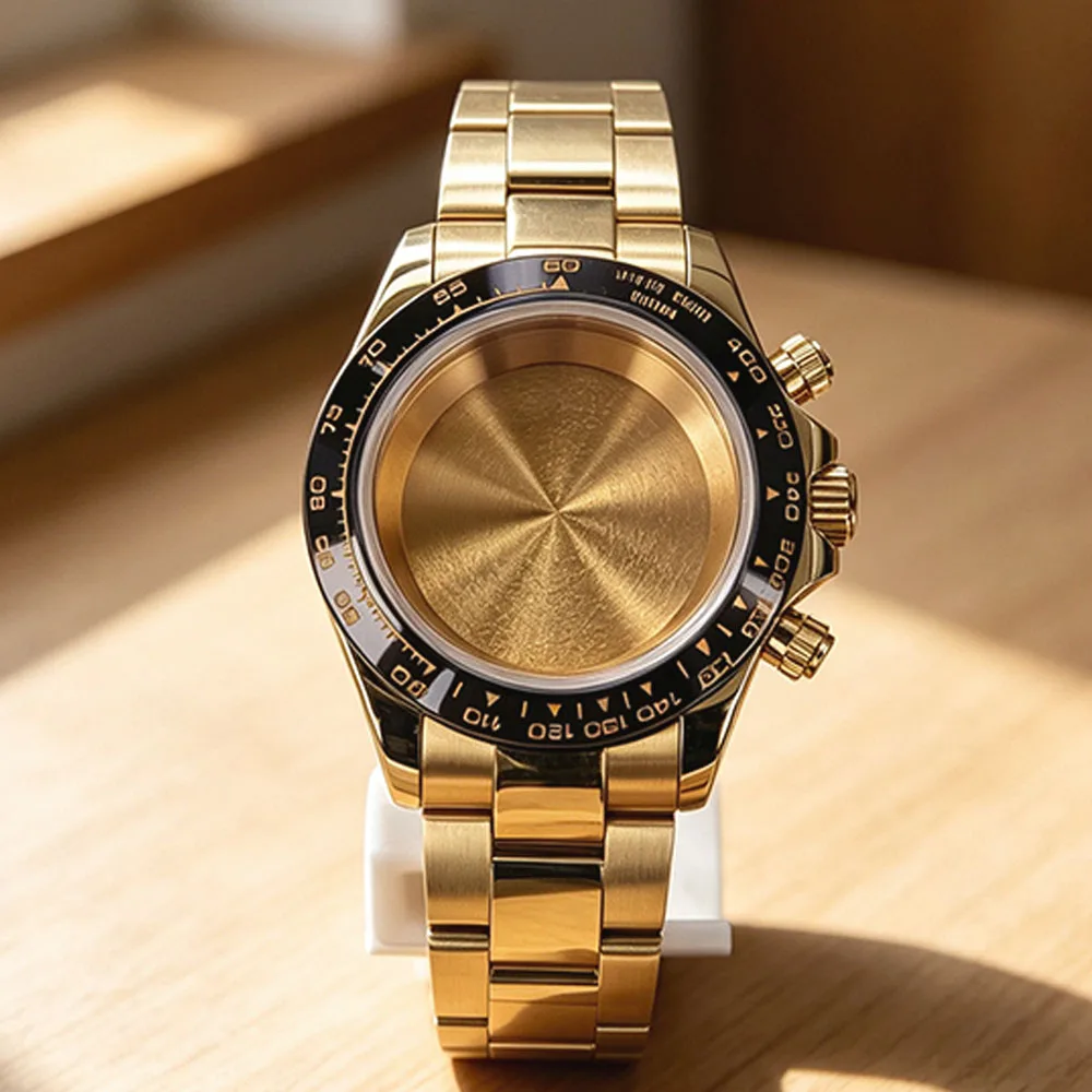 Luxury Gold 39MM Watch Case Hot Styles Sapphire Glass For VK63 Quartz Movt Slide Buckle Strap Stainless Steel Repair Tools Parts