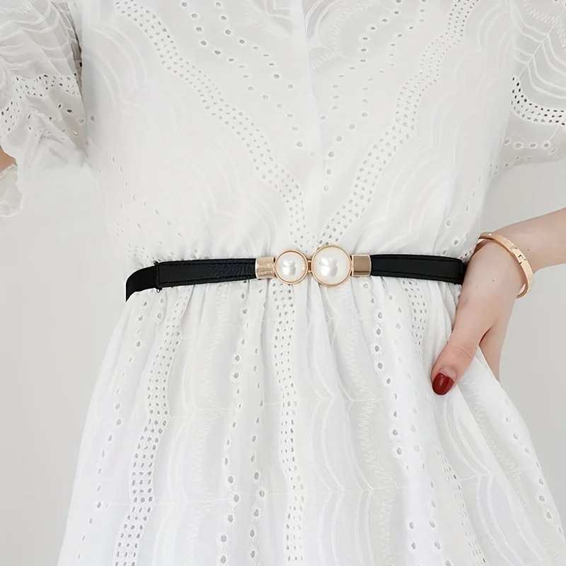 A fake pearl elastic thin belt, women's decorative skirt, fashionable and simple women's buckle thin belt