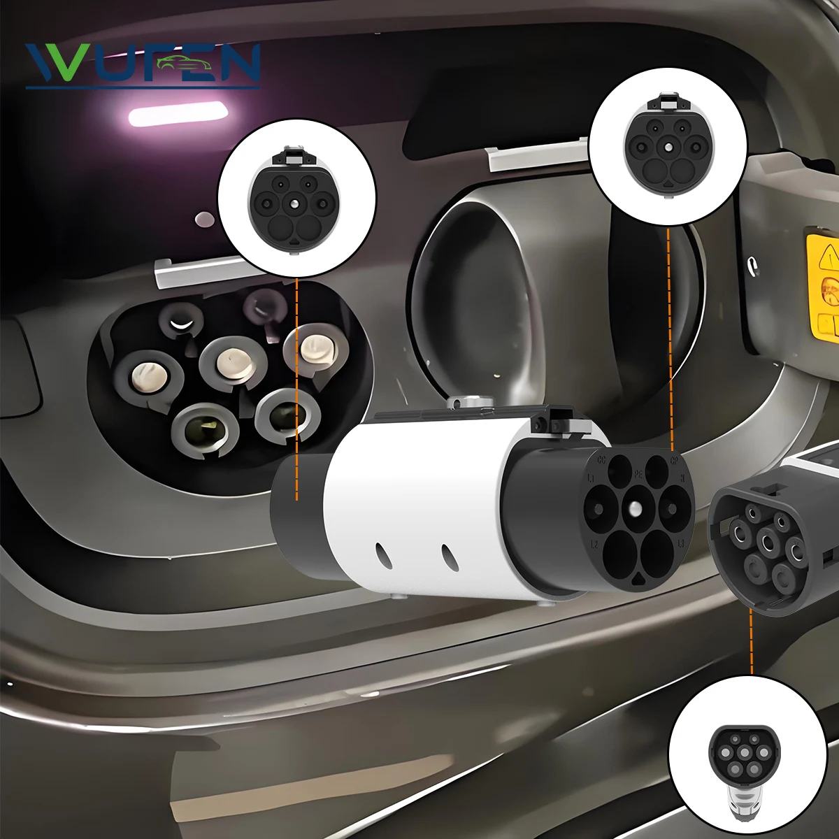 WUFEN Type2 إلى GBT مع مشبك قفل محول شحن EV 32A 7kW/22kW IEC 62196-2 إلى GB/T 20235 EV موصل محول لسيارة GBT