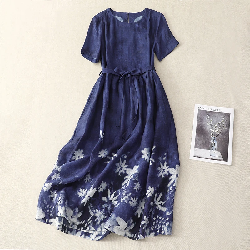 Katoen Linnen Gedrukt Korte mouwen Casual jurk vrouwen 2025, Zomer Nieuwe Koreaanse Stijl Lace-up Elegante Chic kleding N717