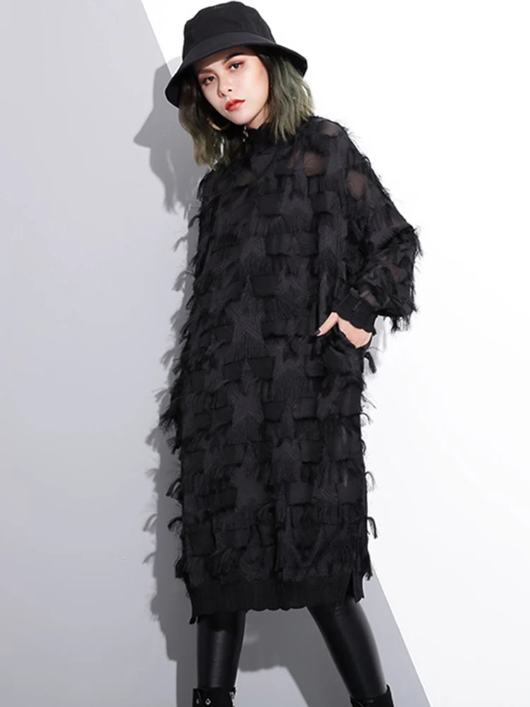 [EAM] 2024 New Spring Autumn Stand Collar Long Sleeve Perspective Black Loose Tassels Big Size Dress Women Fashion Tide JI780