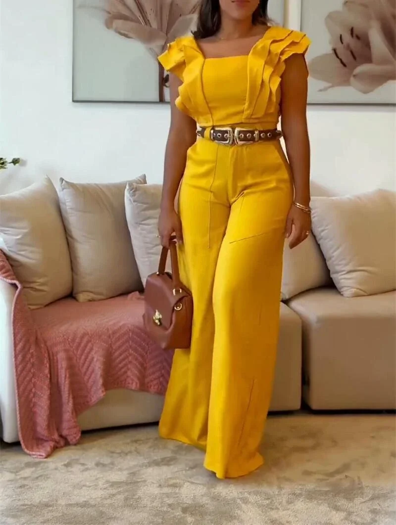 

Women Sets Fashionable Ruffle Short Sleeved Top with High Hips Waist and Wide Legs Pants Two Piece Suit Female 2024 Summer New