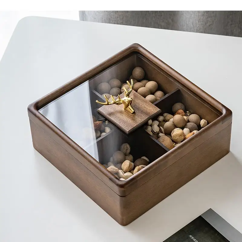 Solid Wood Dried Fruit Box Transparent Acrylic Deer Cover Candy 4 Cells Storage Boxes Home Nut Snack Plate