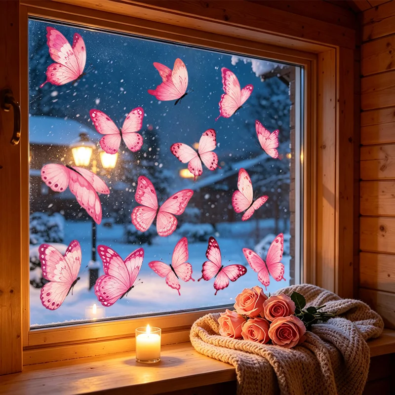 Pink Butterfly Static Sticker Window Glass Door Decoration Anti Collision Decal Adhesive Film Home Valentine's Day Decorations