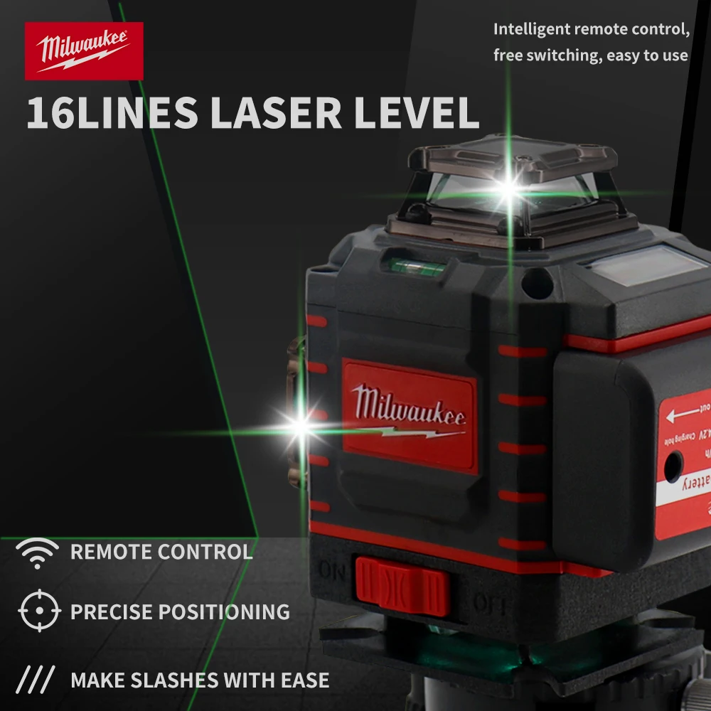 Milwaukee 4 lati * 360 gradi verticale 4.2V Milwaukee 3-4D livello Laser raggio verde 16 linee linea trasversale verticale autolivellante Lase