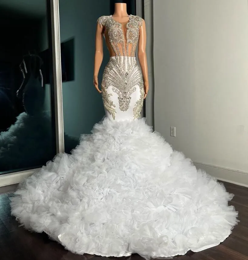 Silver Diamond Mermaid African Wedding Dress Sparkly Crystal Ruffles Tiered Skirt Train Sheer Top Bridal Gown customsized