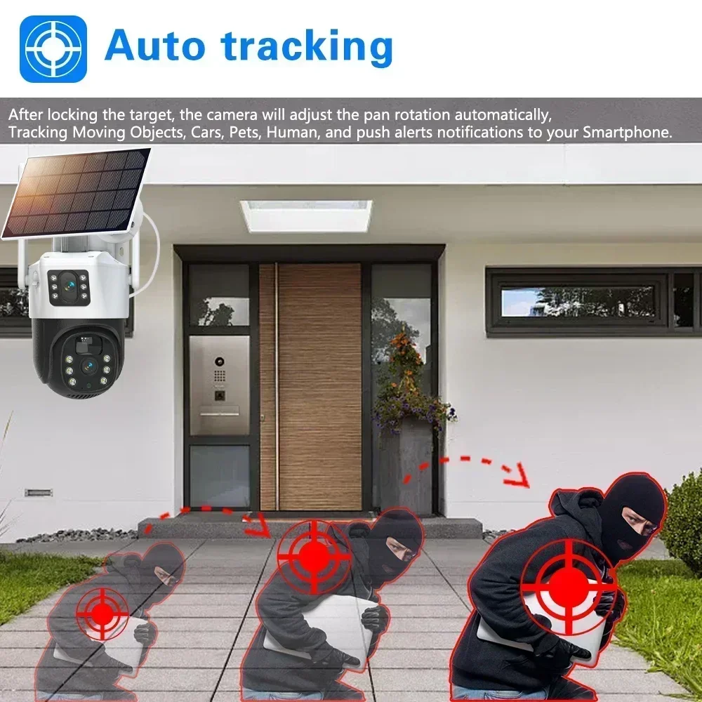Color Night Vision Surveillance Camera Wireless Dual Lens Security Camera 8MP Human Tracking Solar Charging Bulit-in Battery Cam