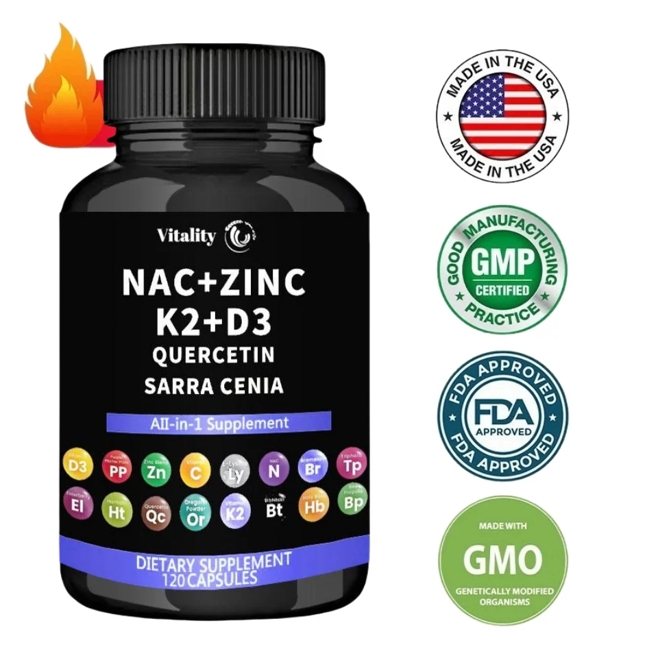 NAC is rich in high-quality N-acetylcysteine NAC 1000mg supplement with added vitamin D3+K2, zinc complex, and quercetin 1000mg