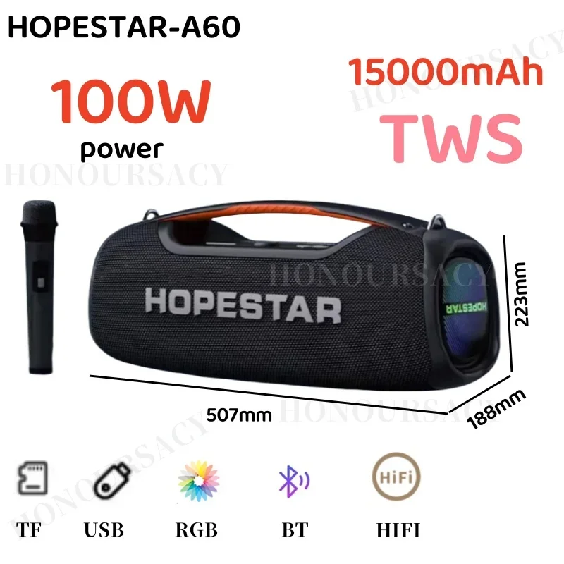 HOPESTAR A60 100W High-Power Bluetooth Speaker Outdoor Waterproof Portable Wireless Karaoke Stereo Surround Subwoofer With Mic