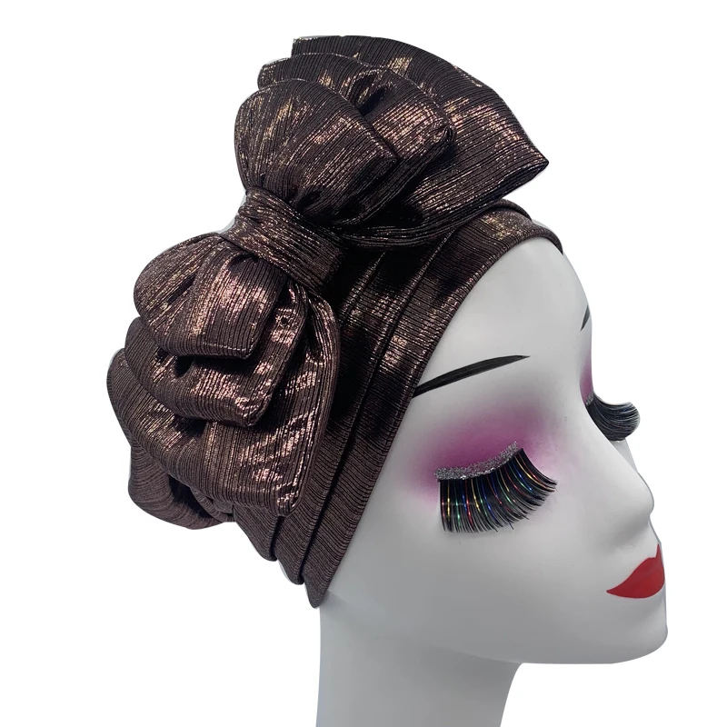 Shinning Multi-schicht Bowknot Turban Kappe für Frau Mode Afrikanische Headtie Nigeria Hochzeit Turbane Hut Muslim Headwrap Motorhaube – Detail 13