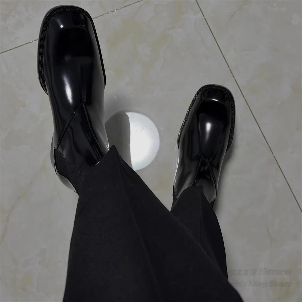 

British Style Chelsea Boots Retro Square Toe Patent Leather Dark Style Slip On Eleagnt Winter New Elastic Short Boots for Men