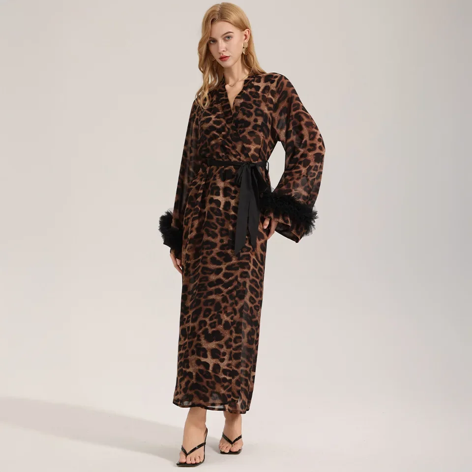 New Sexy Thin Cardigan Sleepwear for Women Summer Autumn Long Sleeved Leopard Print Morning Gown Pearl Gauze Home Wear Nightgown