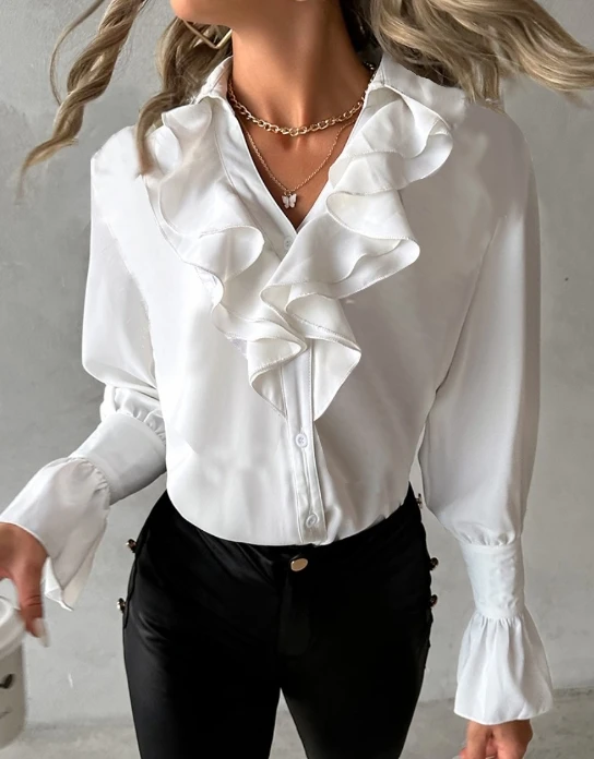 Fashion Woman Blouse 2023 Spring Ruffled Solid Color Casual V-Neck Long Sleeved Daily Shirt Top Y2K Clothes