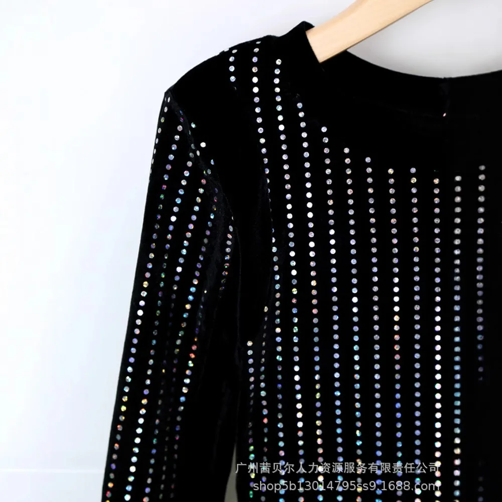 Rhinestone Long Sleeve Dress Crewneck Neck Bodycon Dresses Evening Gown Club Night Outfit