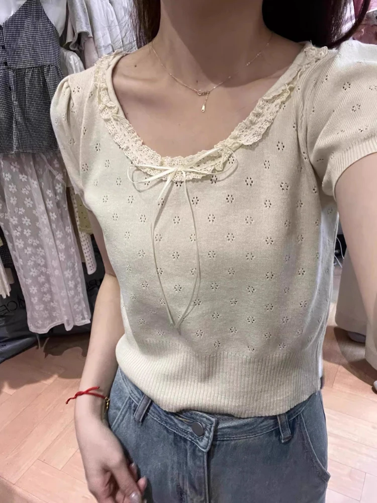 Fashion Sweet Knit Crop Tops Short Sleeve Hollow Out Ruffles Bow Patchwork Design T Shirts All Match Summer Women Clothing 2024