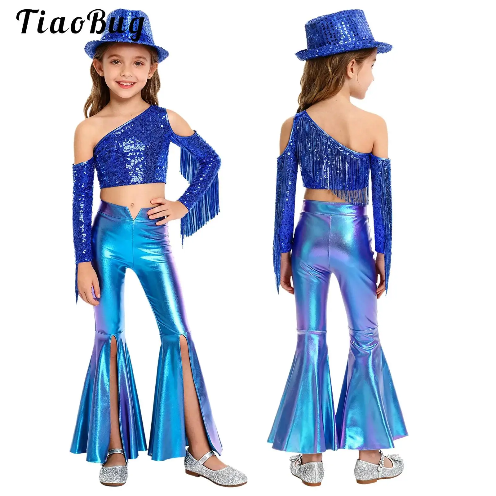 

Kids Girls Pageant Set One Shoulder Sleeve Sequin Crop Top with Split Bell-Bottom Pants And Hat Disco Cowgirl Jazz Dance Costume
