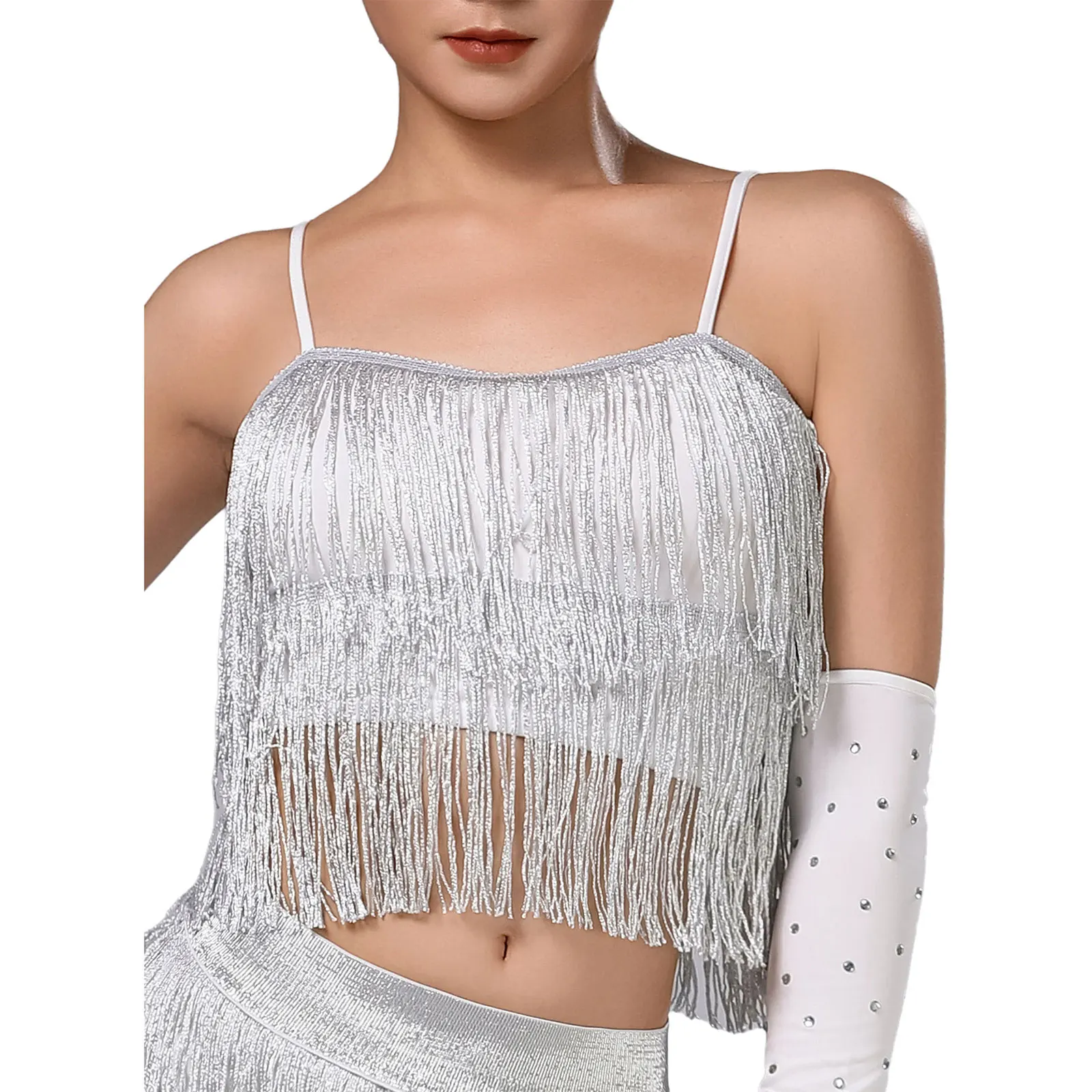 

Women Latin Chacha Tiered Tassel Dance Performance Tops Swing Shiny Fringe Camisole Tank Tops for Salsa Tango Ballroom Dancewear