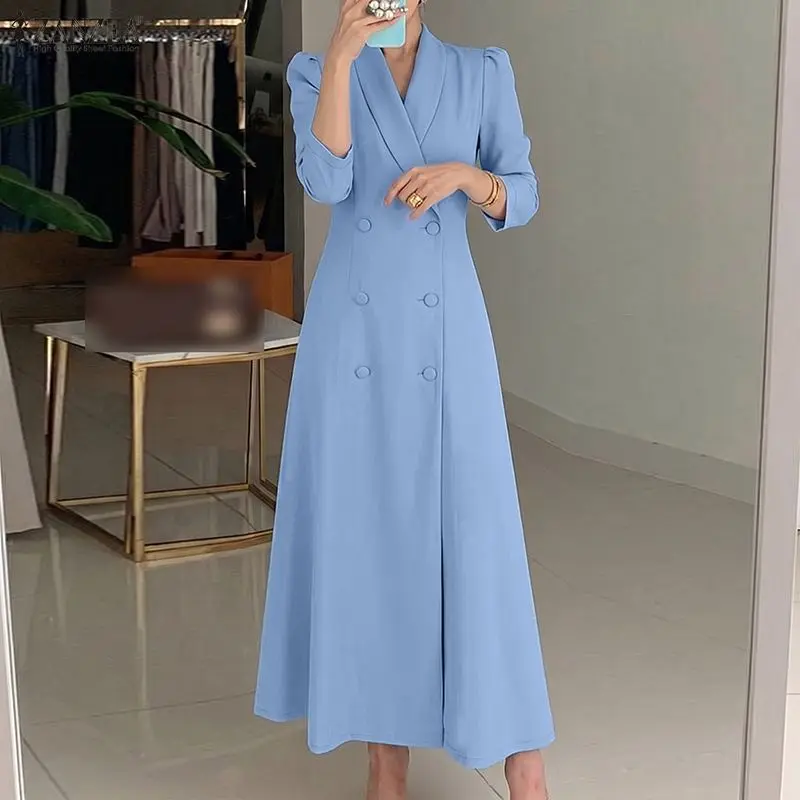 Elegantes Einfarbiges Bürokleid für Damen Langes Freizeitkleid mit Reverskragen Vestidos ZANZEA 2026 Knopfleiste A-Linien-Sommerkleid 5XL