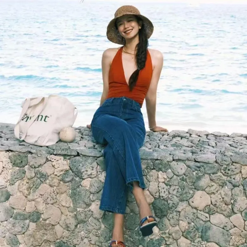 2025-retro badpak in Hong Kong-stijl uit één stuk |   Sexy rode monokini met diepe V-hals voor het afslanken van het lichaam en hete lente-uitjes