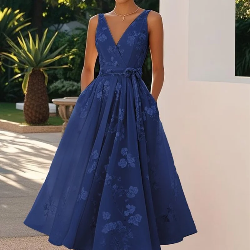 أنيقة مثير الخامس الرقبة القوس الدانتيل يصل فستان الحفلات النسائية الصيف عادية مطوي فساتين بوهو أنيقة عطلة بلا أكمام ألف خط فستان طويل