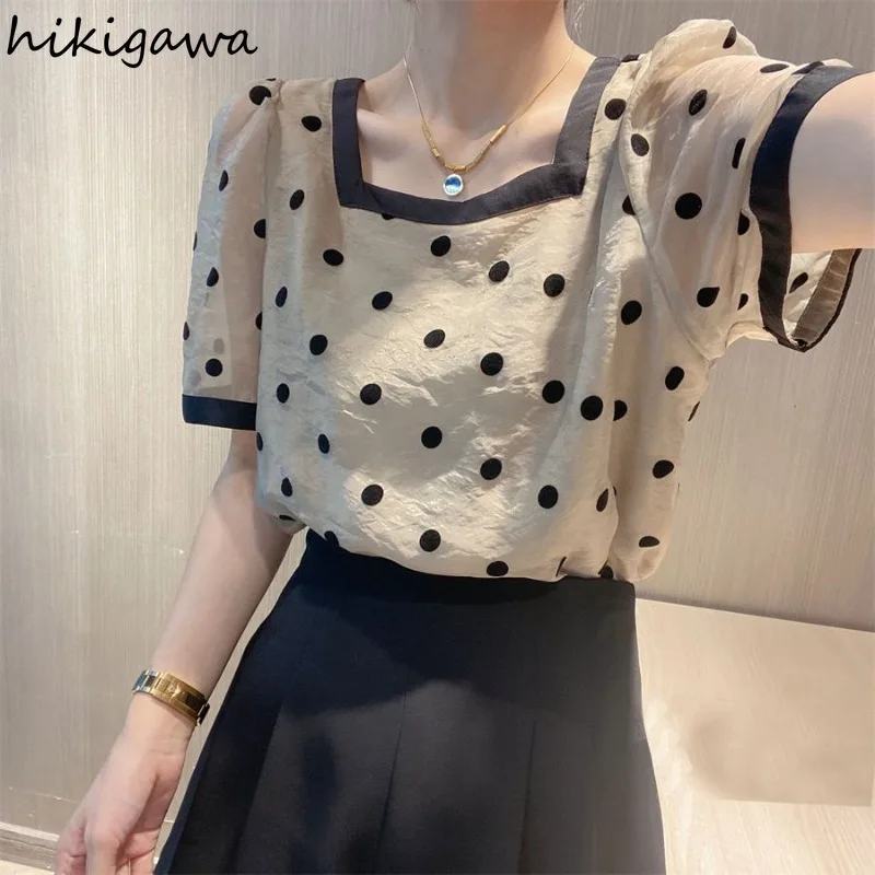 2024 Blusas Mujer De Moda kemeja musim panas untuk wanita persegi kerah Puff lengan Polka Dot blus longgar Vintage tipis atasan blus