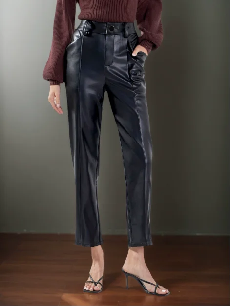 2026 عادية أنيقة مثير الخريف الشتاء جديد عالية الخصر ماتي بولي Leather الجلود مستقيم الساق السراويل النساء الإناث بنطلون قاع غير رسمي #1