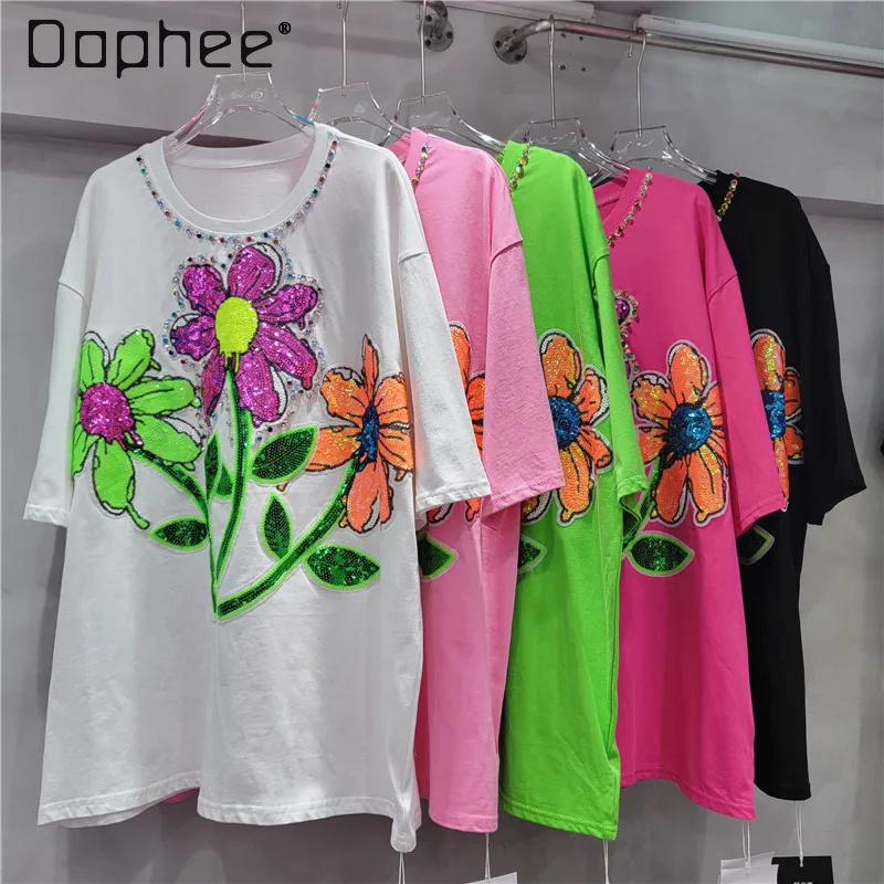 

Bright Colors Heavy Industry Rhinestone Sequined Round Neck T-shirt Women 2024 Summer Mid-Length Loose Casual Chic Flower Top