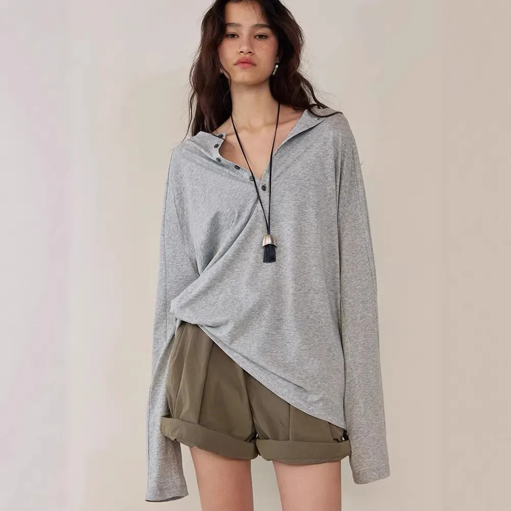Henley Neck Long Sleeve Top Regular Fit Casual with Raglan Sleeve Bound Edge Mid Length Daily Wear Spring Women T Shirts