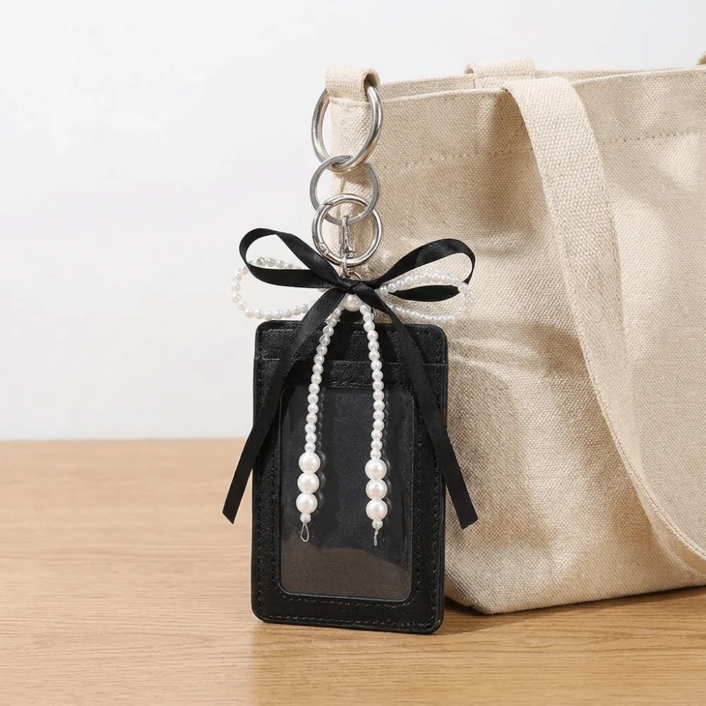 Portable PU Leather Woman Wallet Pearl Thin Short Card Bag Multi-functional Keychain Bow Card Holder Lady