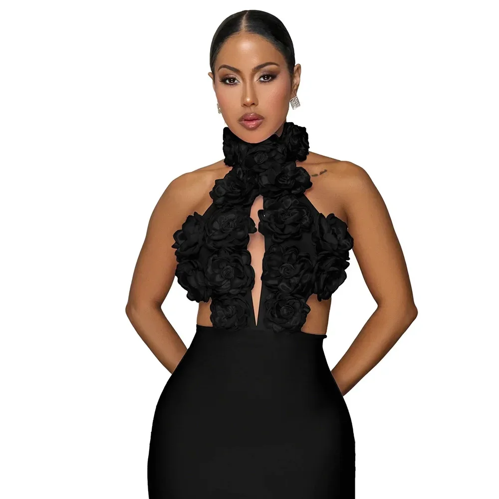 

Summer Women Sleeveless Elegant V-Neck Cutout 3D Flower Long Maxi Dress 2025 Summer Sexy Evening Party Dresses Vestidos