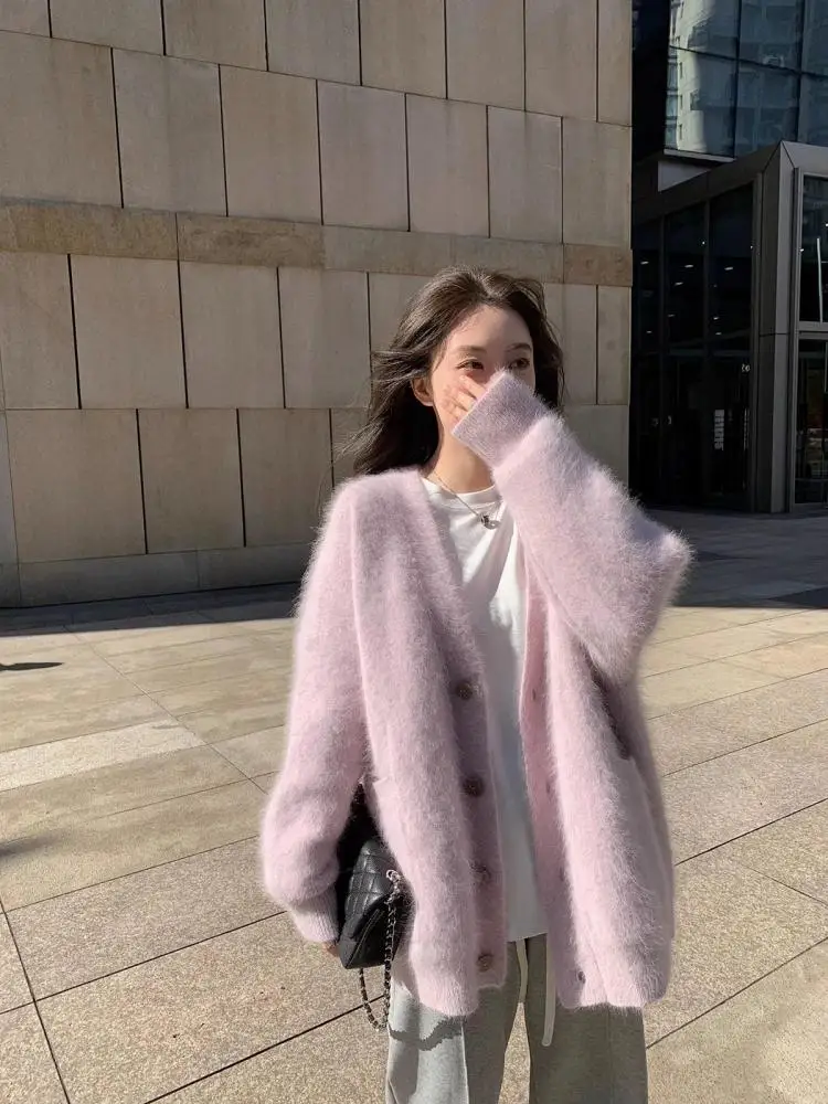 

French Women White Purple V Neck Long Sleeved Cardigan Mink Sweater Autumn Winter Khaki Single Breasted Short Knitted Tops Trend