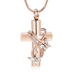 Memorial Jewelry Crystal Butterfly Cross Stainless Steel Cremation Necklace Urn Pendant For Ashes Women Men Best Gifts