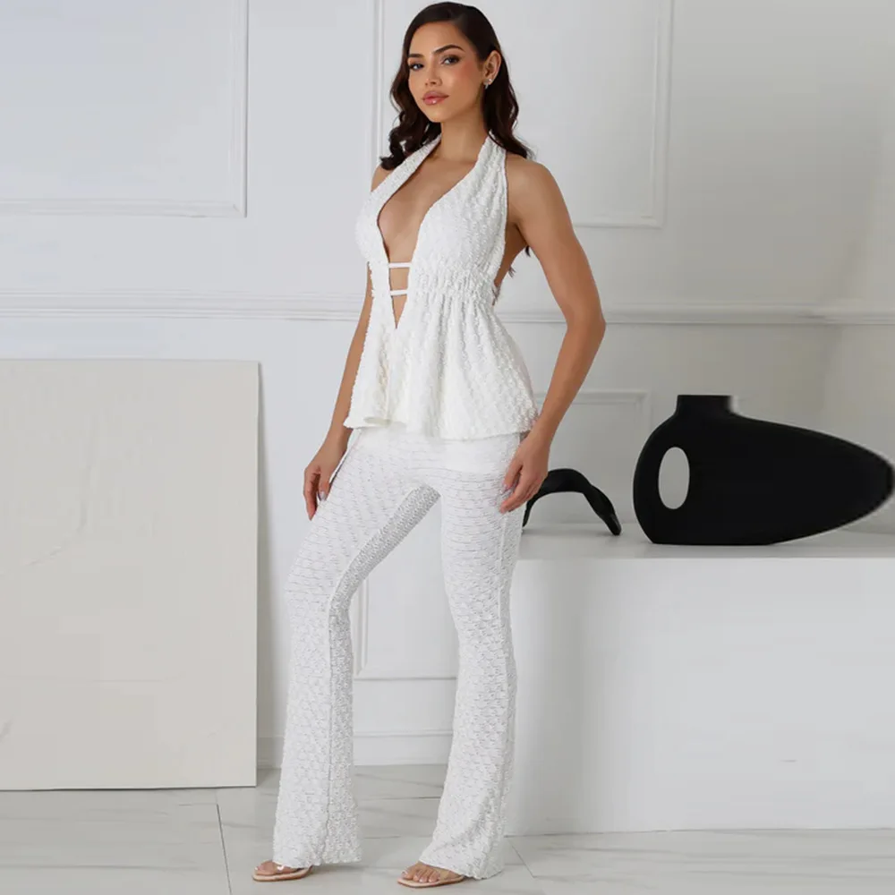 

2025 Summer Jacquard Solid 2 Piece Set Women Sexy Lace Up Halter Backless Tank Top + Slim Flare Pants Party Clubwear Street Suit