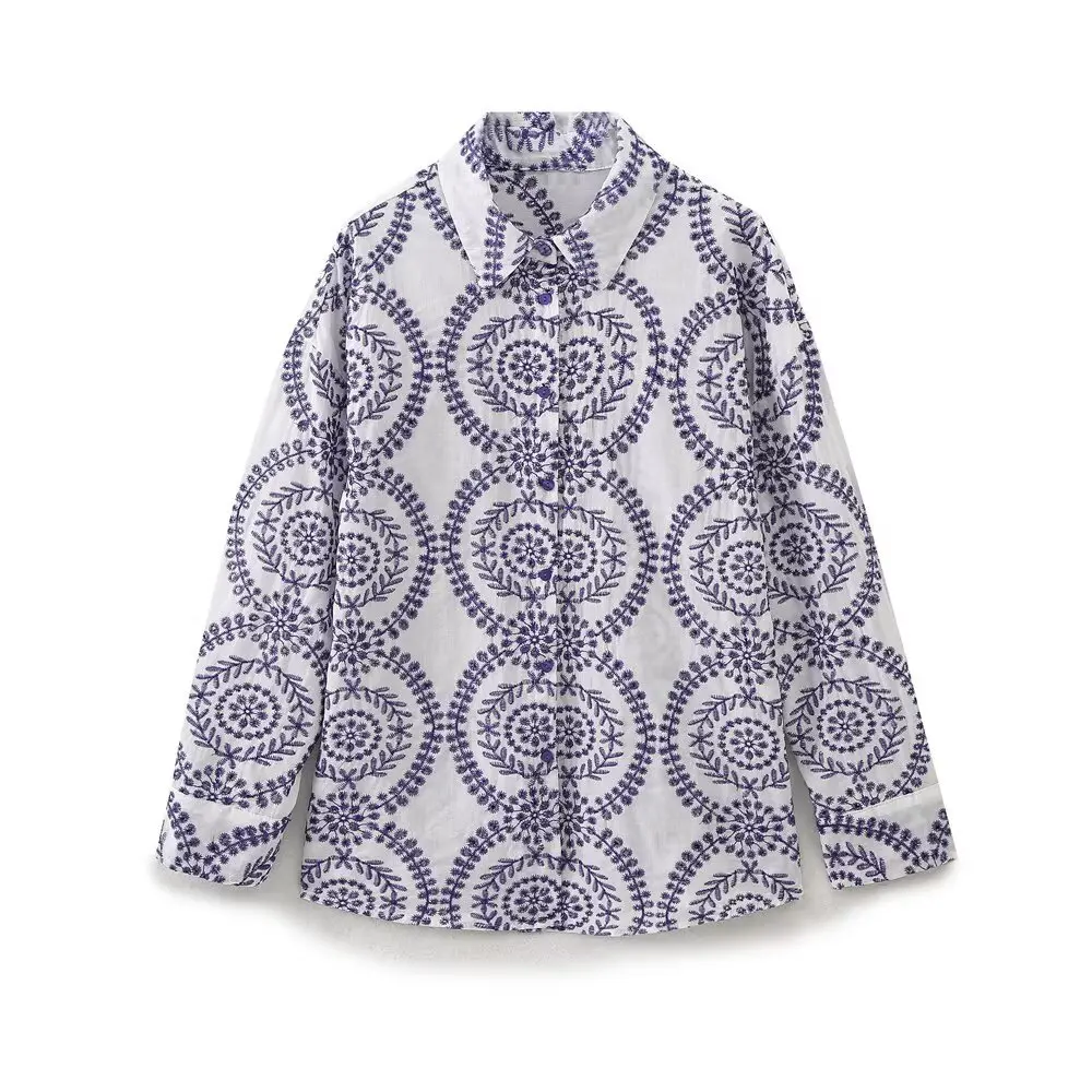 

Женский свободный и универсальный топ с длинными рукавами и лацканами, летняя новинка, вышитая рубашка с вышивкой