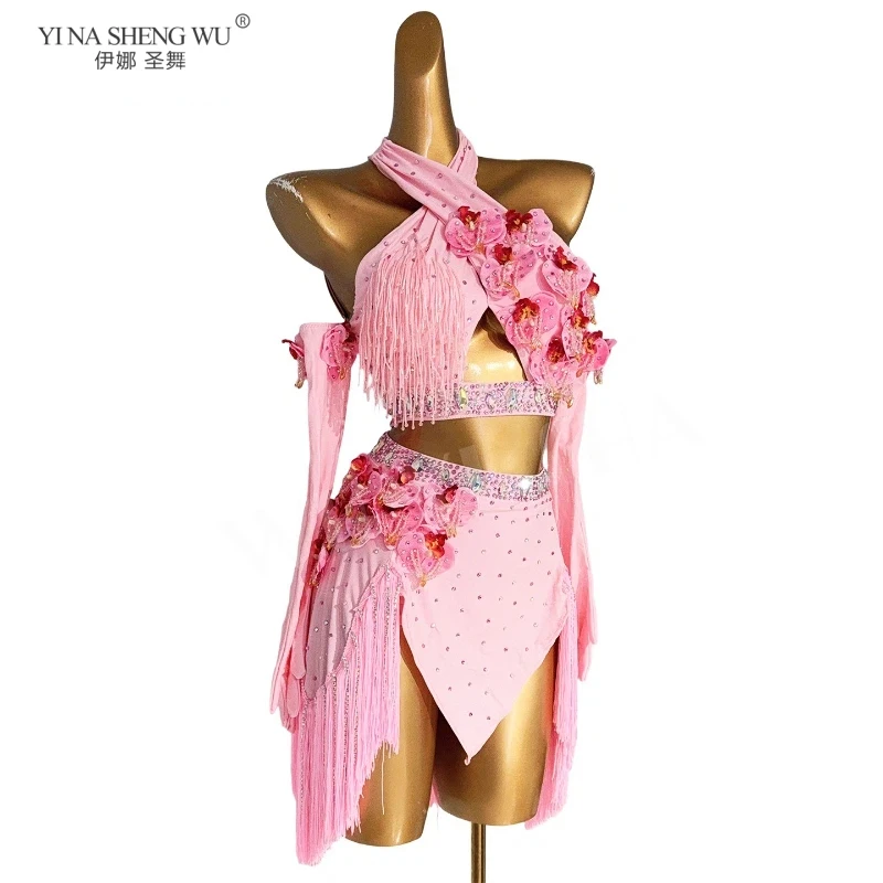 2pcs Latin Dance Set for Adults And Children Custom High-End Exquisite Floral Top with Tassel Skirt Cha Cha Rumba Samba Competit