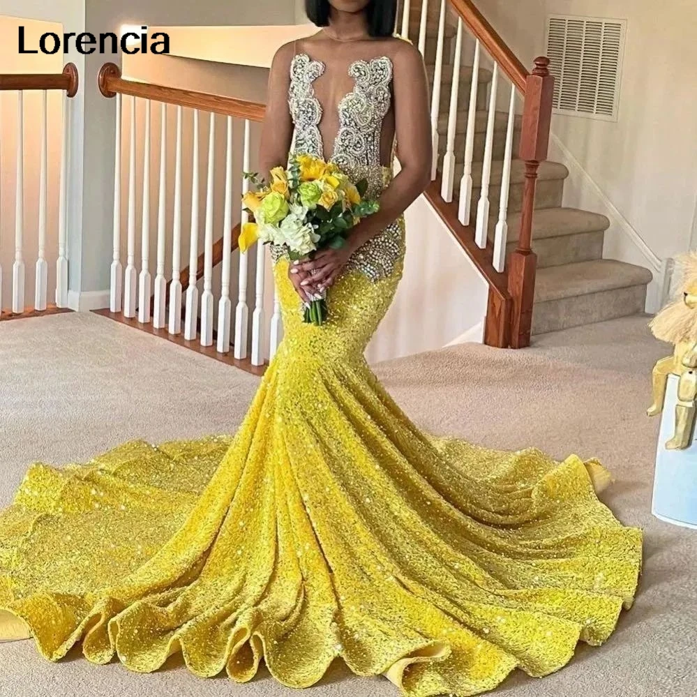 

Customized Sparkly African Yellow Mermaid Prom Dress For Black Girls Crystal Beading Graduation Party Gowns Robe De Soirée YPD26