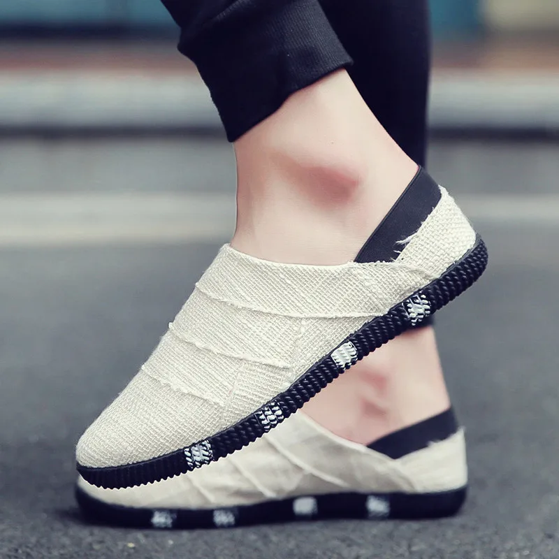 Men Summer Light Knit Slip On Shoes Breath Hand Woven Cloth Upper Foam Cushion Insole Anti Slip Daily Home Walking Footwear