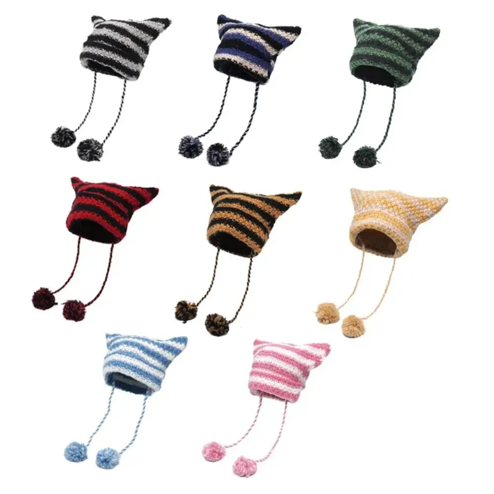 New Y2K Knitting Striped Beanie Hat Cute Wool Hanging Ball Knitted Beanie Hat Knitted Wool Caps Women