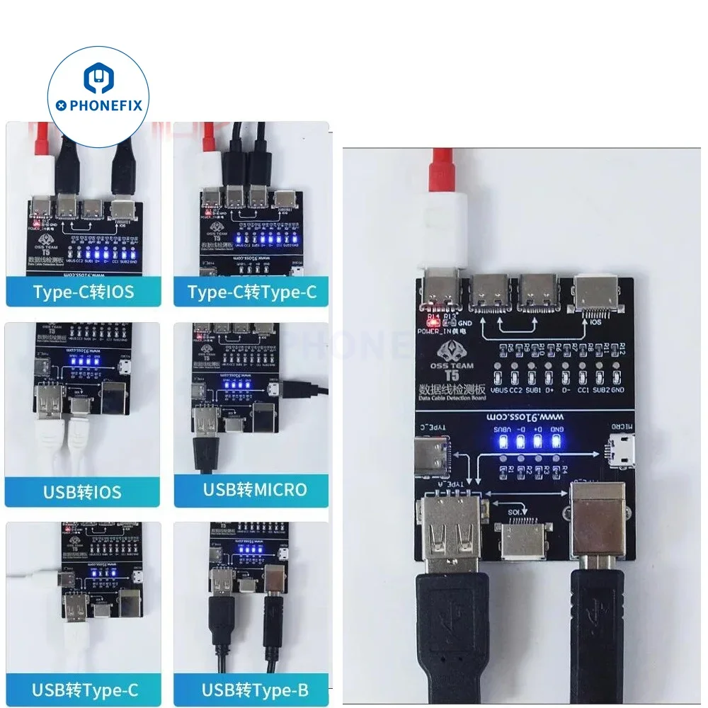 OSS T5 On-Off Data Cable Detection Board for IOS Android Lightning/Type-C/Micro/USB Data Line Abnormal Testing Rapid Detector